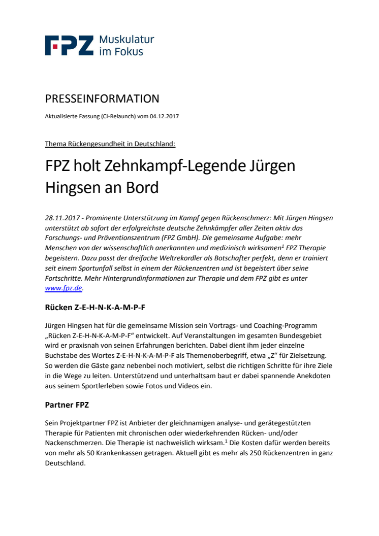 Rückengesundheit in Deutschland: FPZ holt Zehnkampf-Legende Jürgen Hingsen an Bord