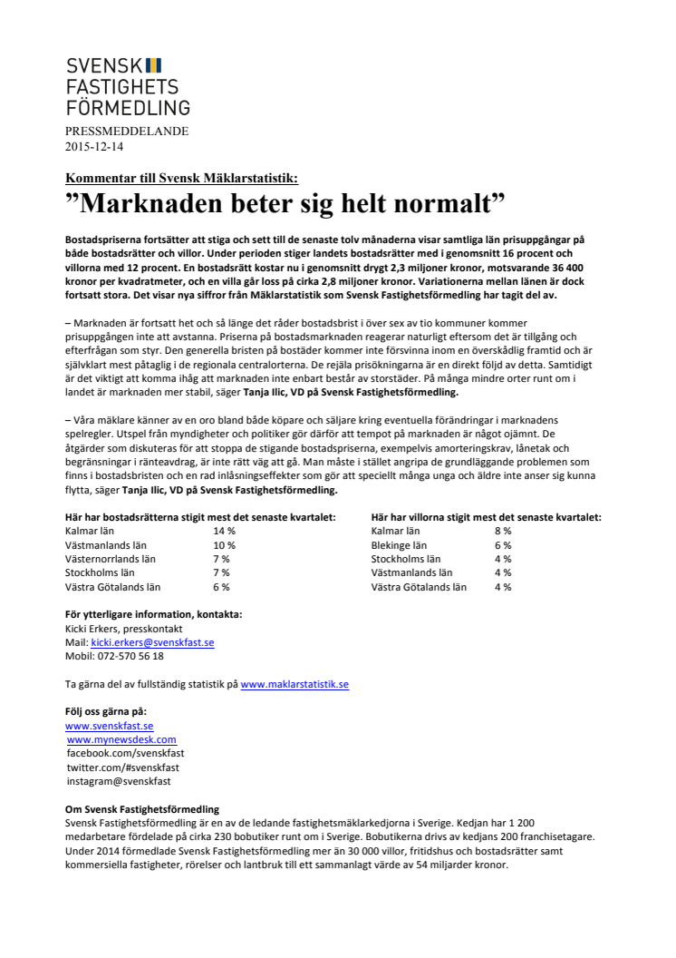Kommentar till Svensk Mäklarstatistik: ”Marknaden beter sig helt normalt”