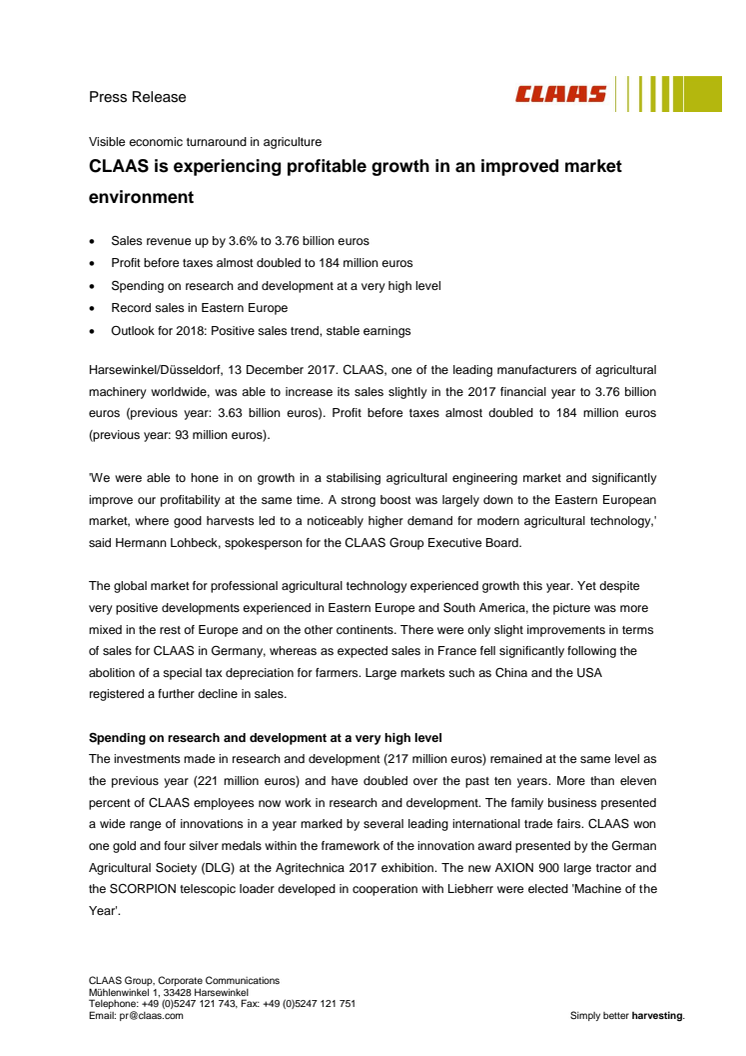 CLAAS is experiencing profitable growth in an improved market environment