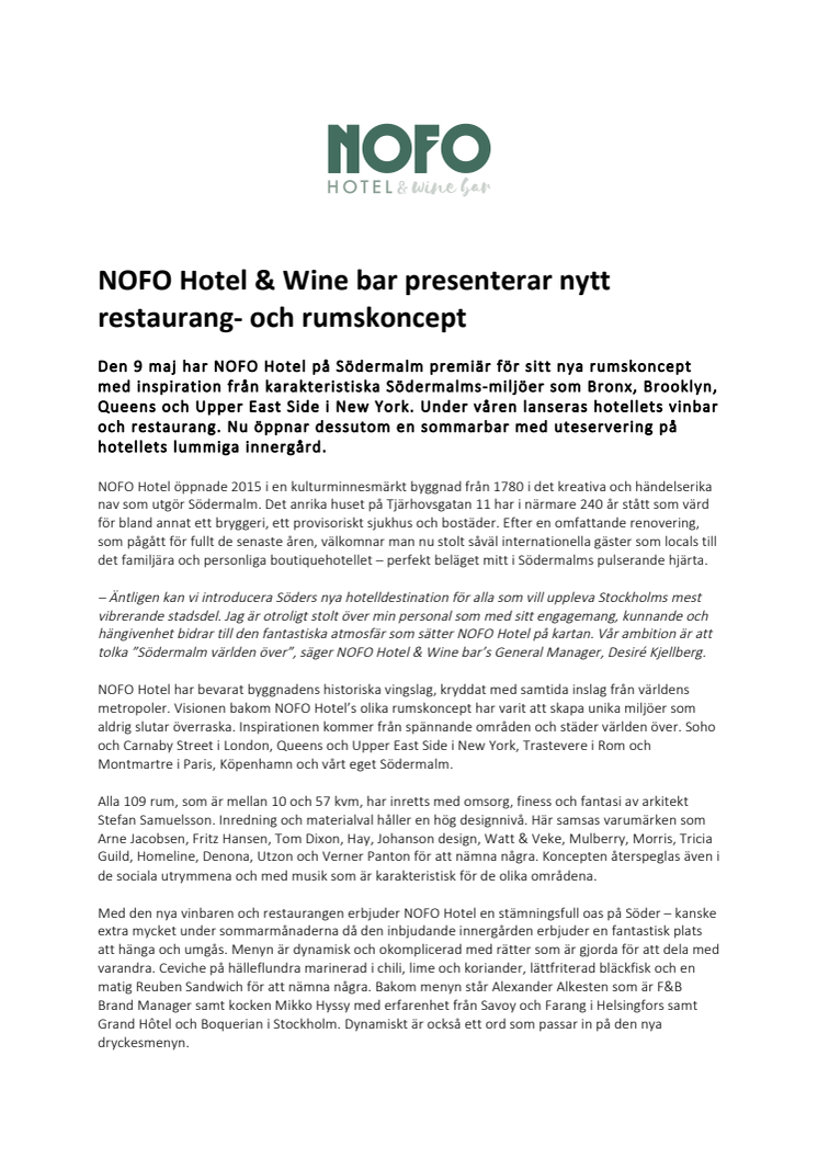 NOFO Hotel & Wine bar presenterar nytt restaurang- och rumskoncept