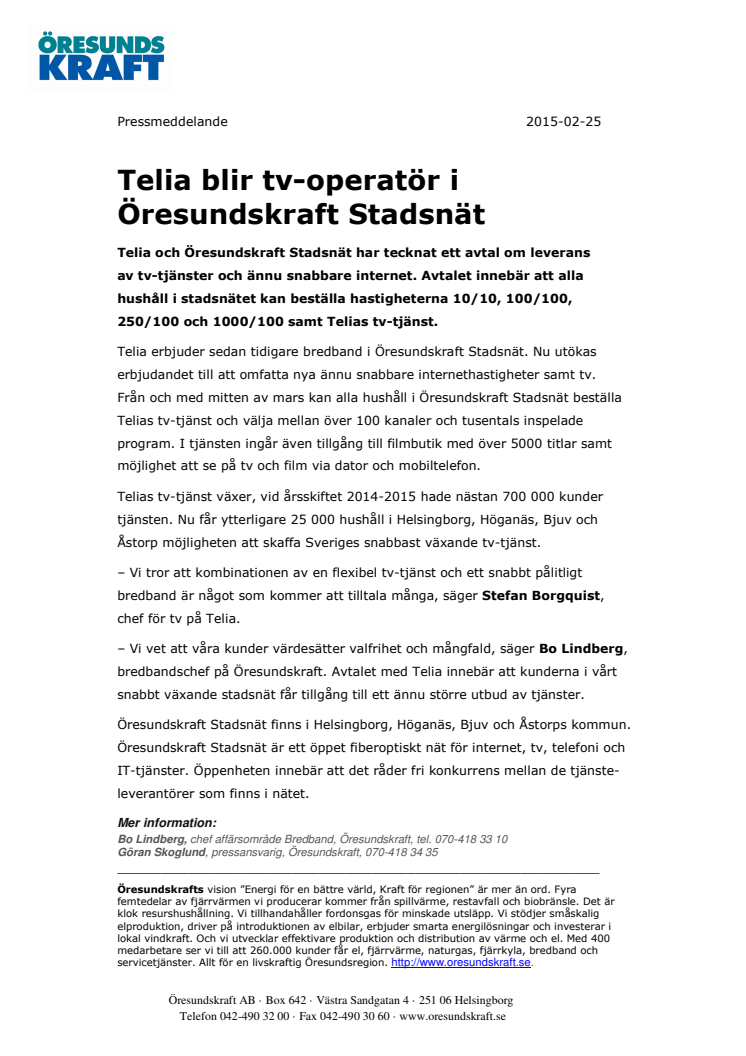 Telia blir tv-operatör i Öresundskraft Stadsnät 