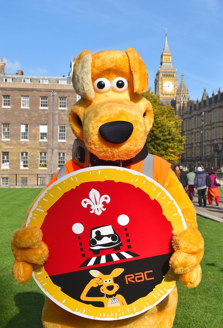 Horace with Cub Scouts Road Safety Awareness Champions badge in Westminster