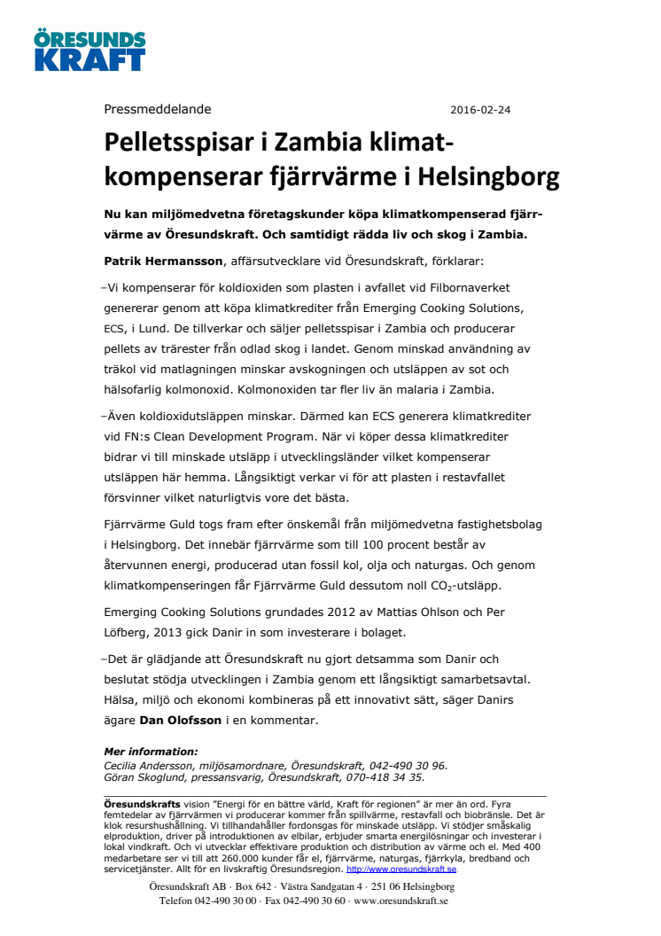 Pelletsspisar i Zambia klimatkompenserar fjärrvärme i Helsingborg
