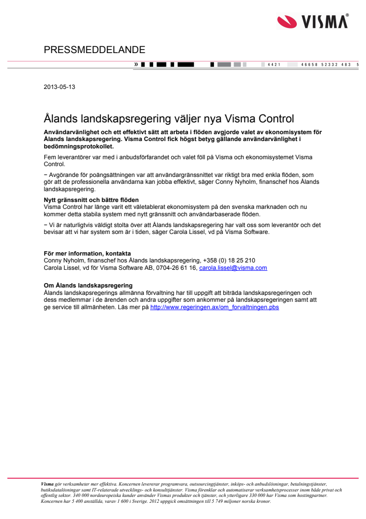 Ålands landskapsregering väljer nya Visma Control