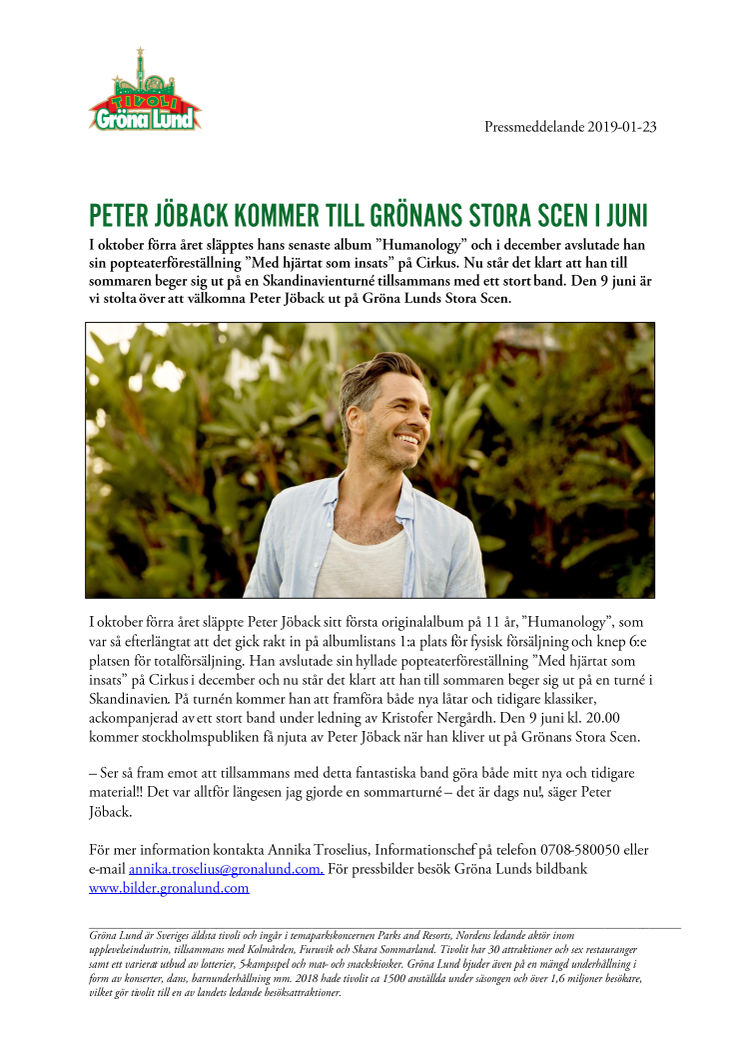 Peter Jöback kommer till Grönans Stora Scen i juni