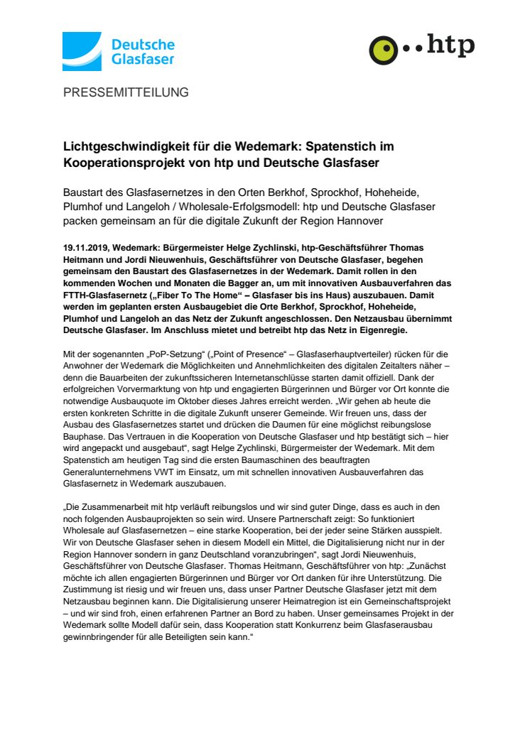 Lichtgeschwindigkeit für die Wedemark: Spatenstich im Kooperationsprojekt von htp und Deutsche Glasfaser