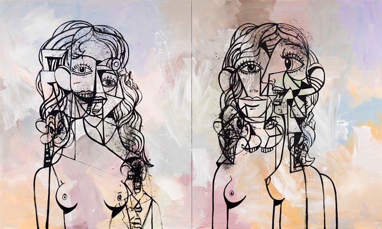 George Condo, Double Heads Composition on Abstract Field, 2017- Private Passion