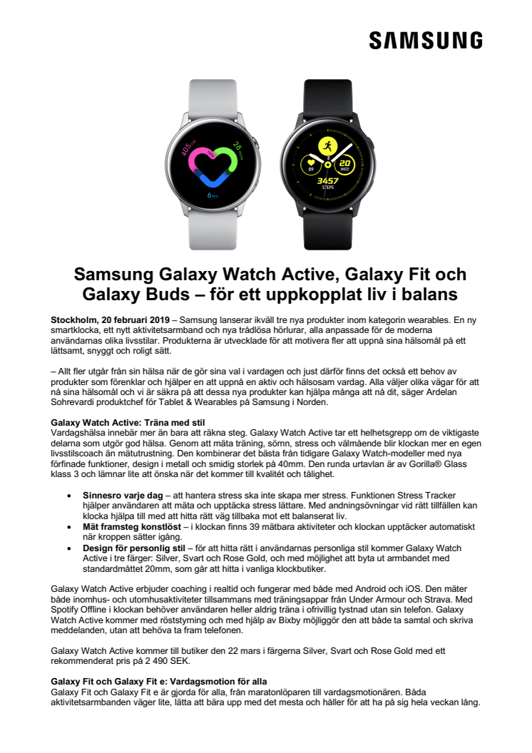 Samsung Galaxy Watch Active, Galaxy Fit och Galaxy Buds – för ett uppkopplat liv i balans