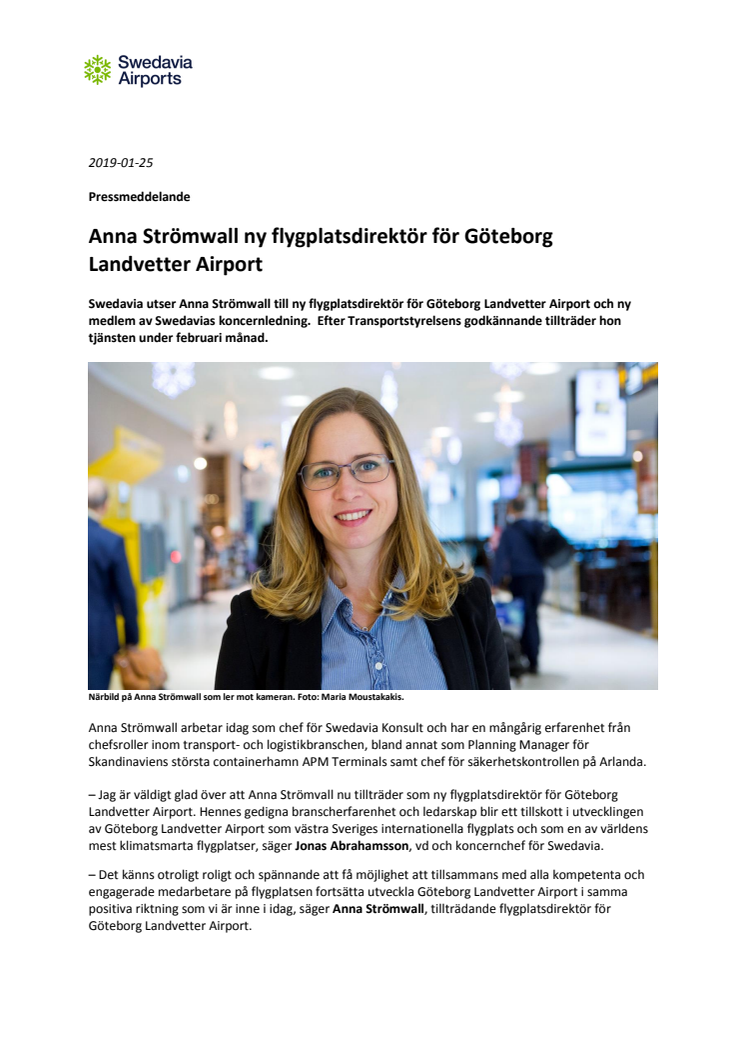 Anna Strömwall ny flygplatsdirektör för Göteborg Landvetter Airport