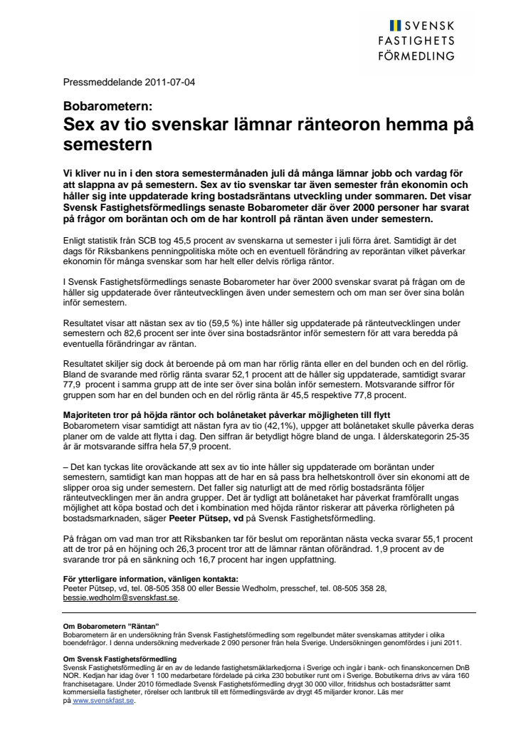 Bobarometern: Sex av tio svenskar lämnar ränteoron hemma på semestern 