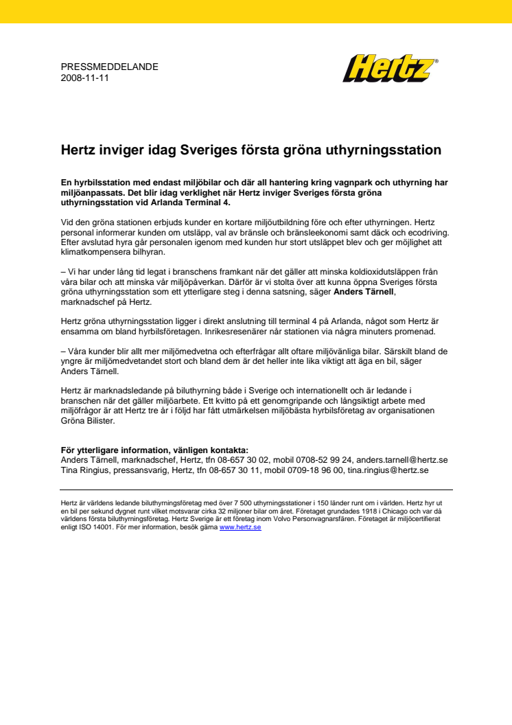 Hertz inviger idag Sveriges första gröna uthyrningsstation