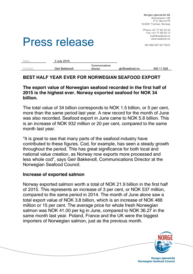 Best half year ever for Norwegian seafood export