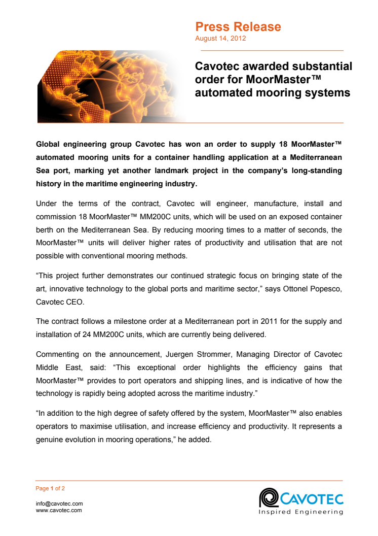 Cavotec awarded substantial order for MoorMaster™ automated mooring systems