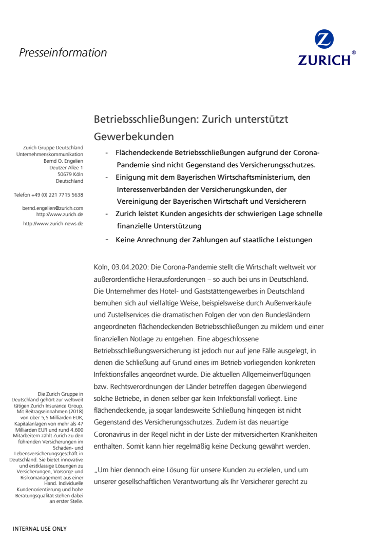Betriebsschließungen: Zurich unterstützt Gewerbekunden 