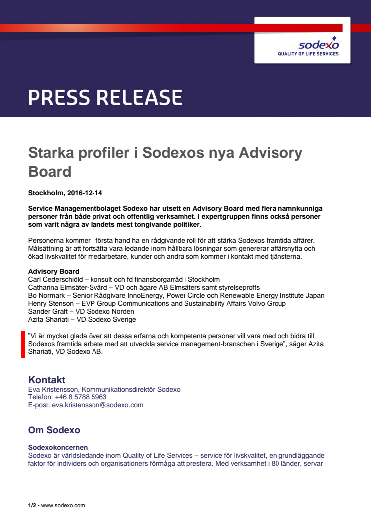 Starka profiler i Sodexos nya Advisory Board