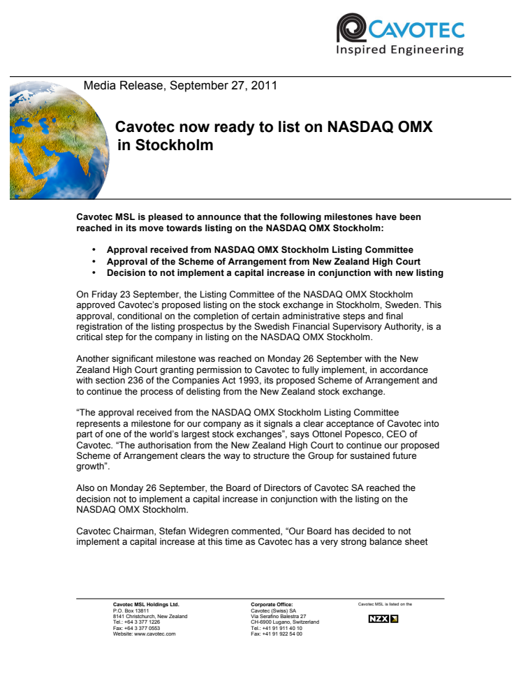 Cavotec now ready to list on NASDAQ OMX in Stockholm