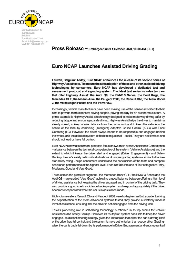 Euro NCAP Assisted Driving Grading - press release