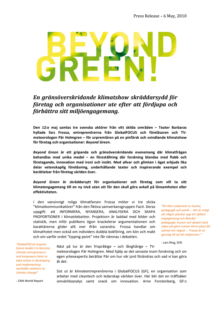 Beyond Green - Premiär för en ny gränsöverskridande klimatshow
