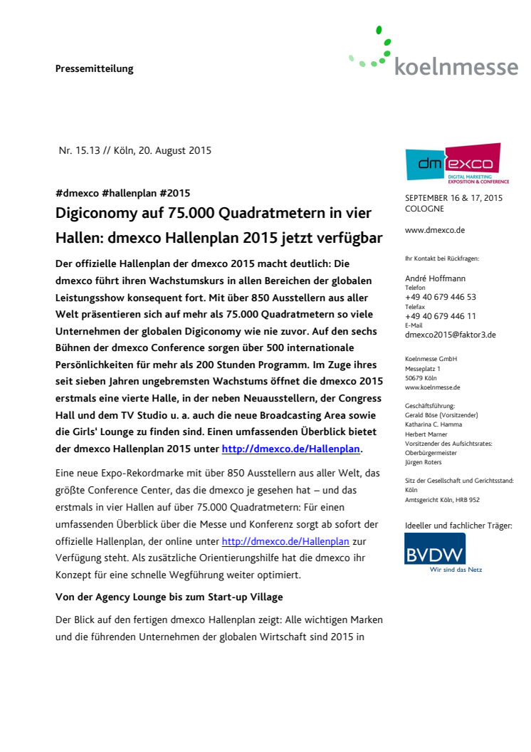 Digiconomy auf 75.000 Quadratmetern in vier Hallen: dmexco Hallenplan 2015 jetzt verfügbar