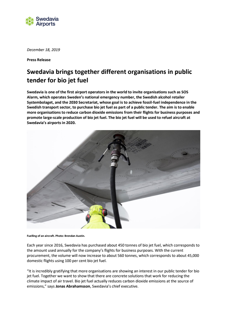 Swedavia brings together different organisations in public tender for bio jet fuel