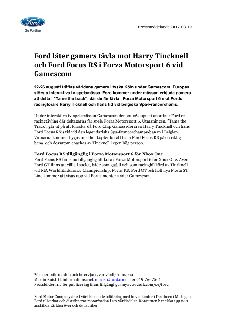 Ford låter gamers tävla mot Harry Tincknell och Ford Focus RS i Forza Motorsport 6 vid Gamescom