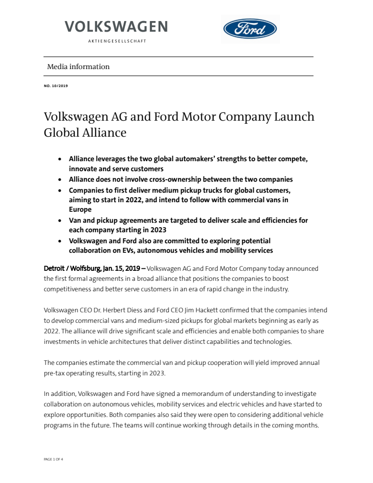 Volkswagen AG och Ford Motor Company ingår en global allians