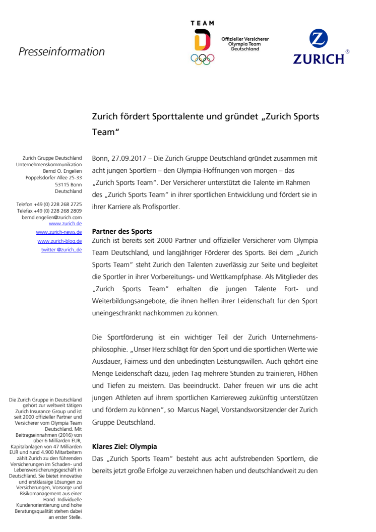 Zurich fördert Sporttalente und gründet „Zurich Sports Team“