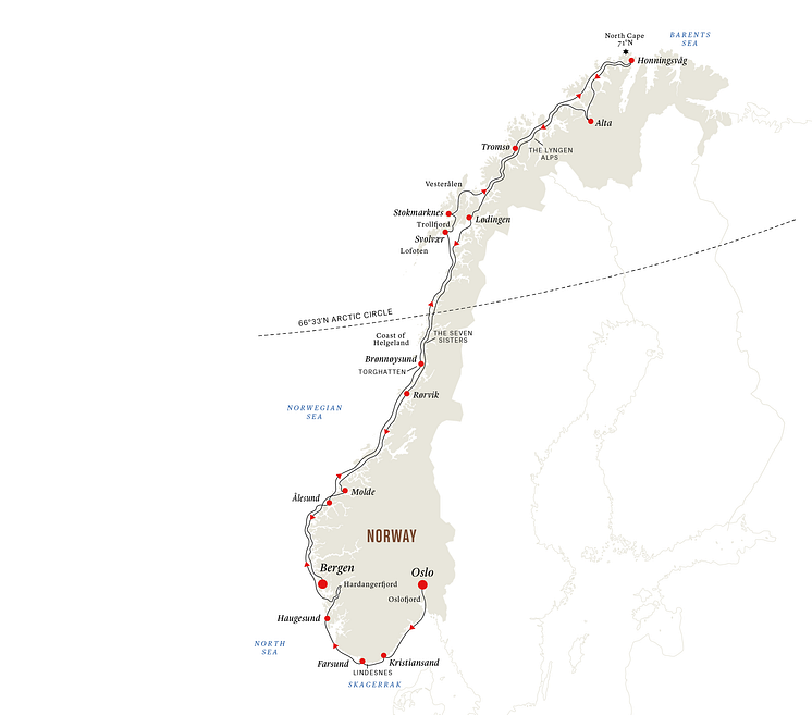 North Cape Express route map, Hurtigruten Norway