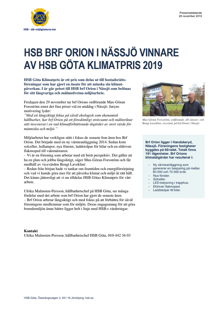 HSB brf Orion vinnare av HSB Göta Klimatpris 2019