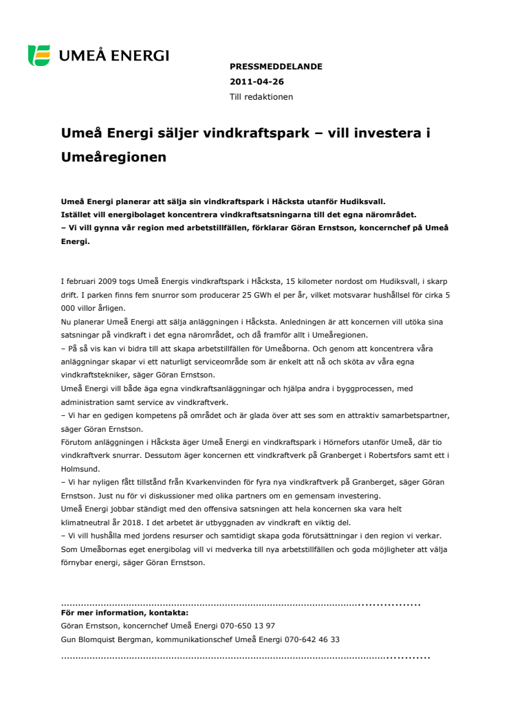 Umeå Energi säljer vindkraftspark – vill investera i Umeåregionen