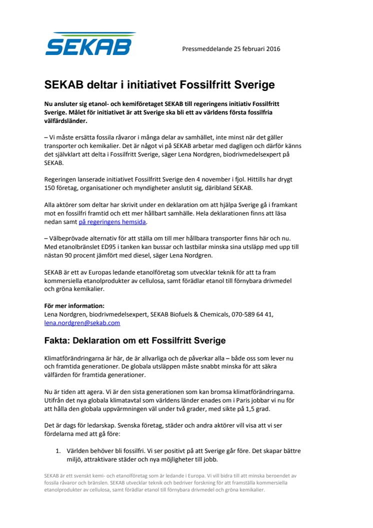 SEKAB deltar i initiativet Fossilfritt Sverige