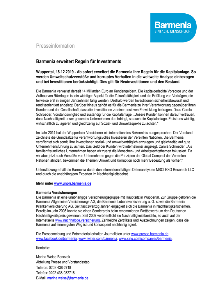 Barmenia erweitert Regeln für Investments