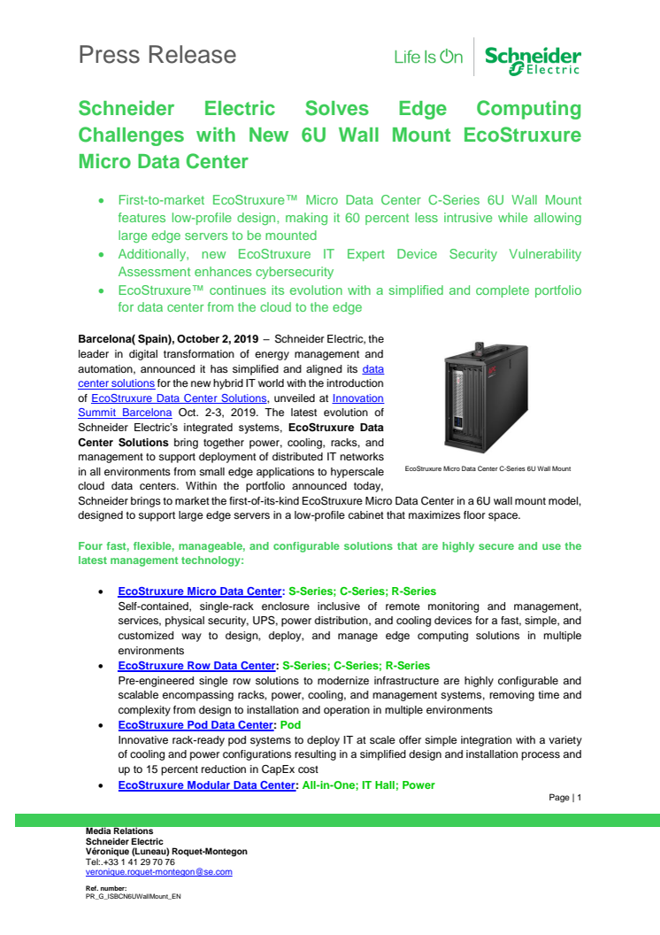 Schneider Electric Solves Edge Computing Challenges with New 6U Wall Mount EcoStruxure Micro Data Center 