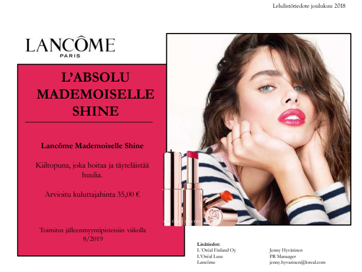Lehdistötiedote Lancôme Mademoiselle Shine