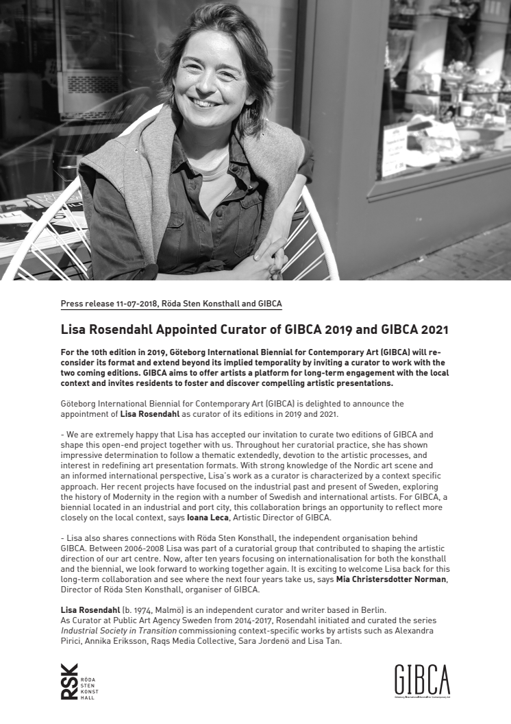 Lisa Rosendahl utses till curator för GIBCA 2019 och GIBCA 2021