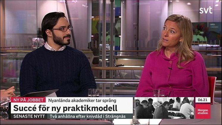 Morgonstudion SVT 2018-02-01 Swedaviamedarbetaren Issam Keseby och Alexandra Ridderstad från Jobbsprånget. Video: SVT