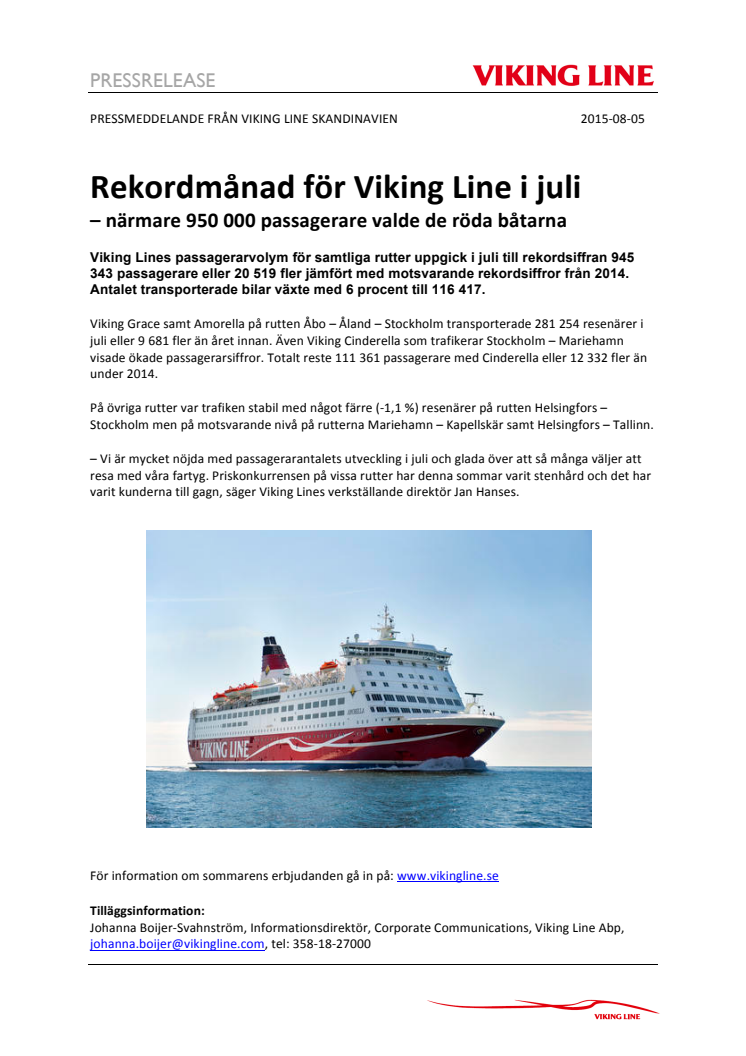 Rekordmånad för Viking Line i juli – närmare 950 000 passagerare valde de röda båtarna