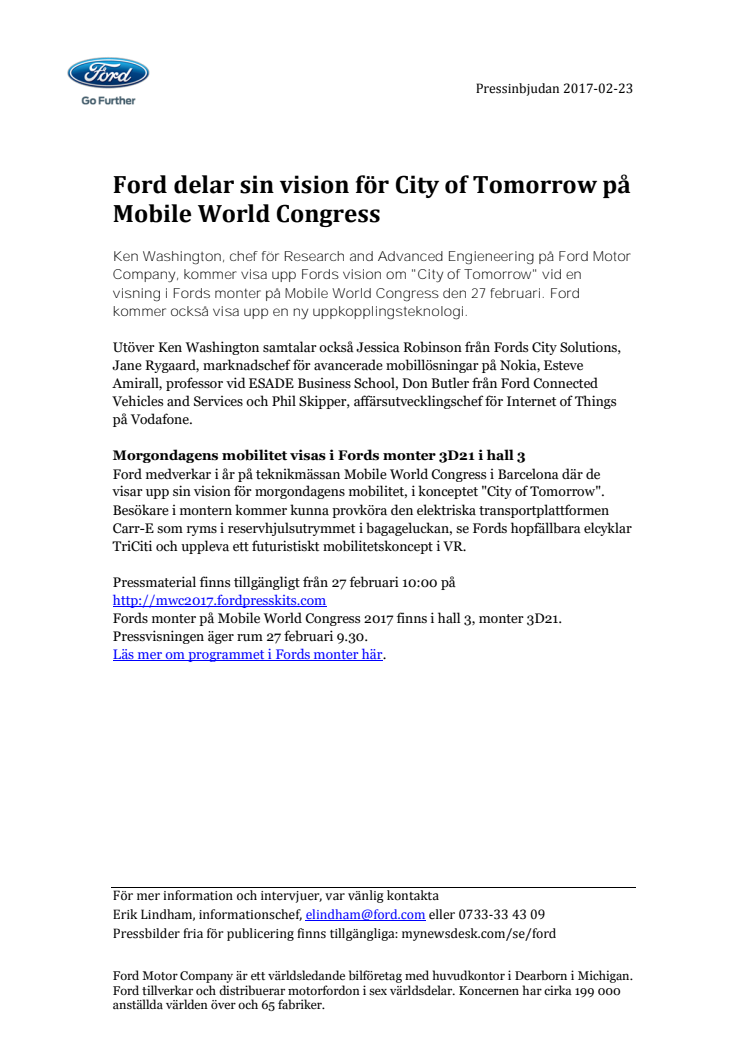 Inbjudan: Ford delar sin vision för City of Tomorrow på Mobile World Congress