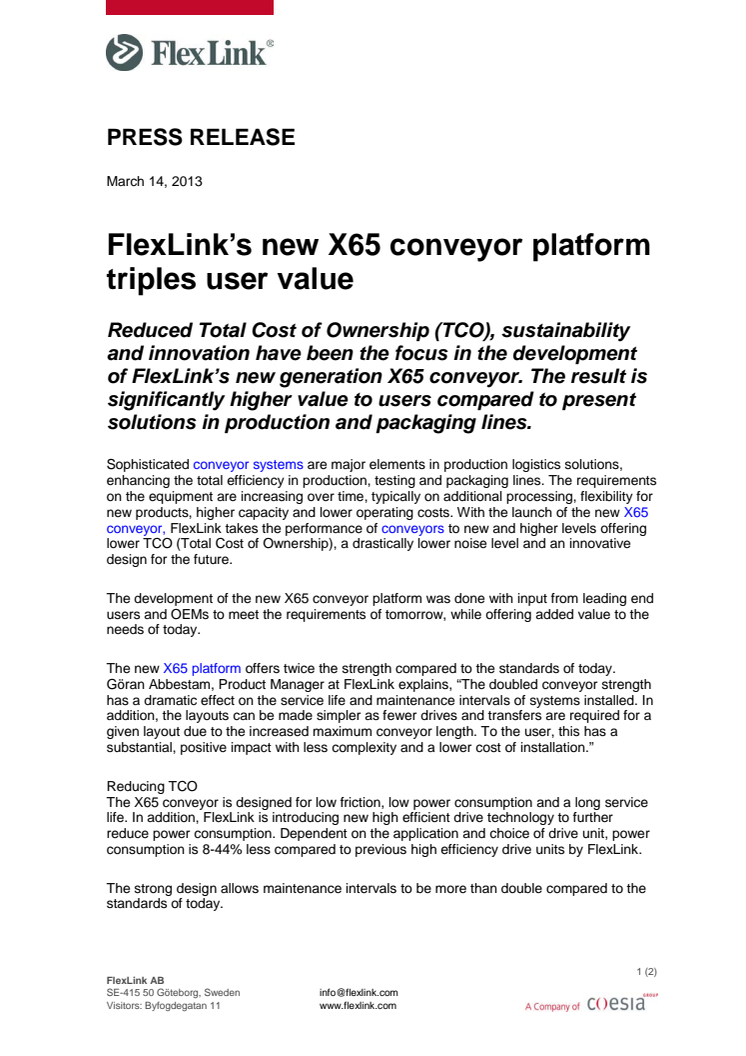 FlexLink’s new X65 conveyor platform triples user value