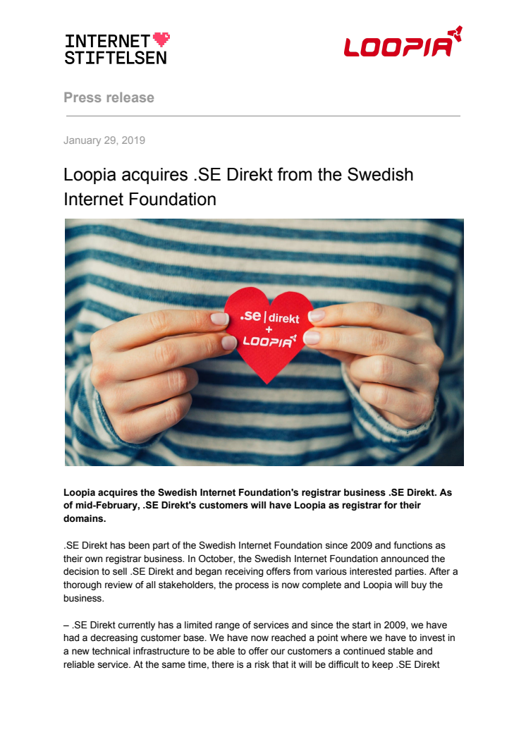Loopia acquires .SE Direkt from the Swedish Internet Foundation