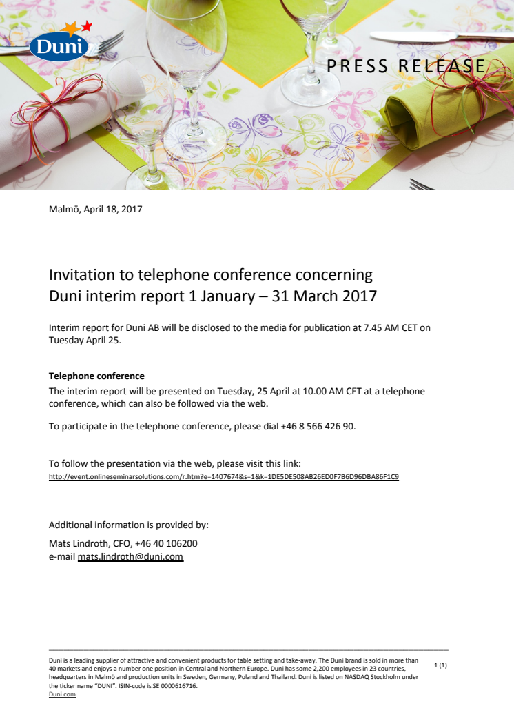 Invitation to telephone conference concerning Duni interim report 1 January – 31 March 2017