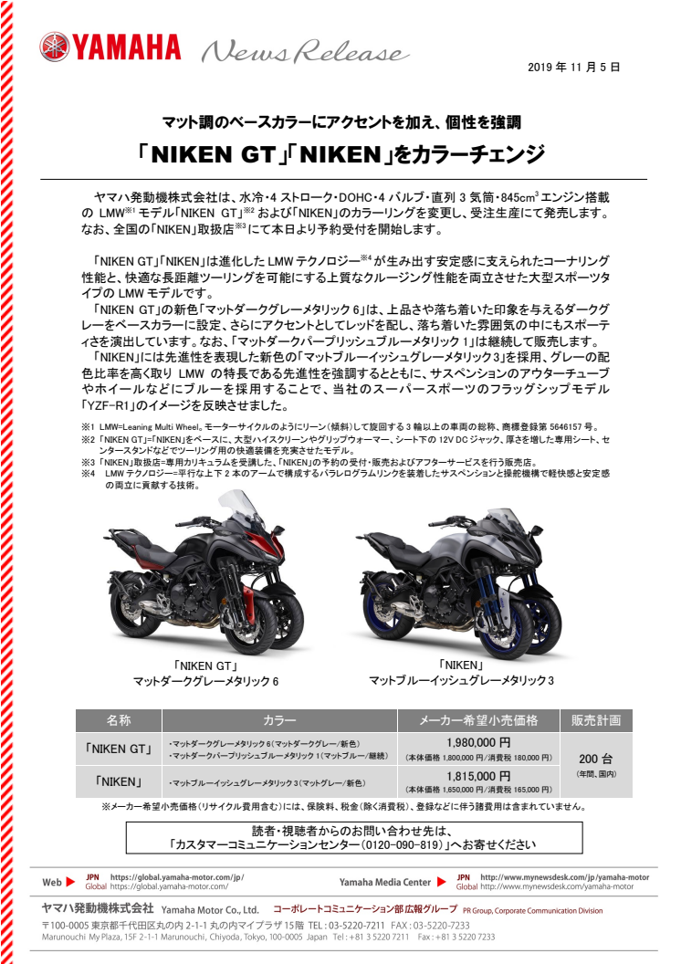 「NIKEN GT」「NIKEN」をカラーチェンジ　マット調のベースカラーにアクセントを加え、個性を強調