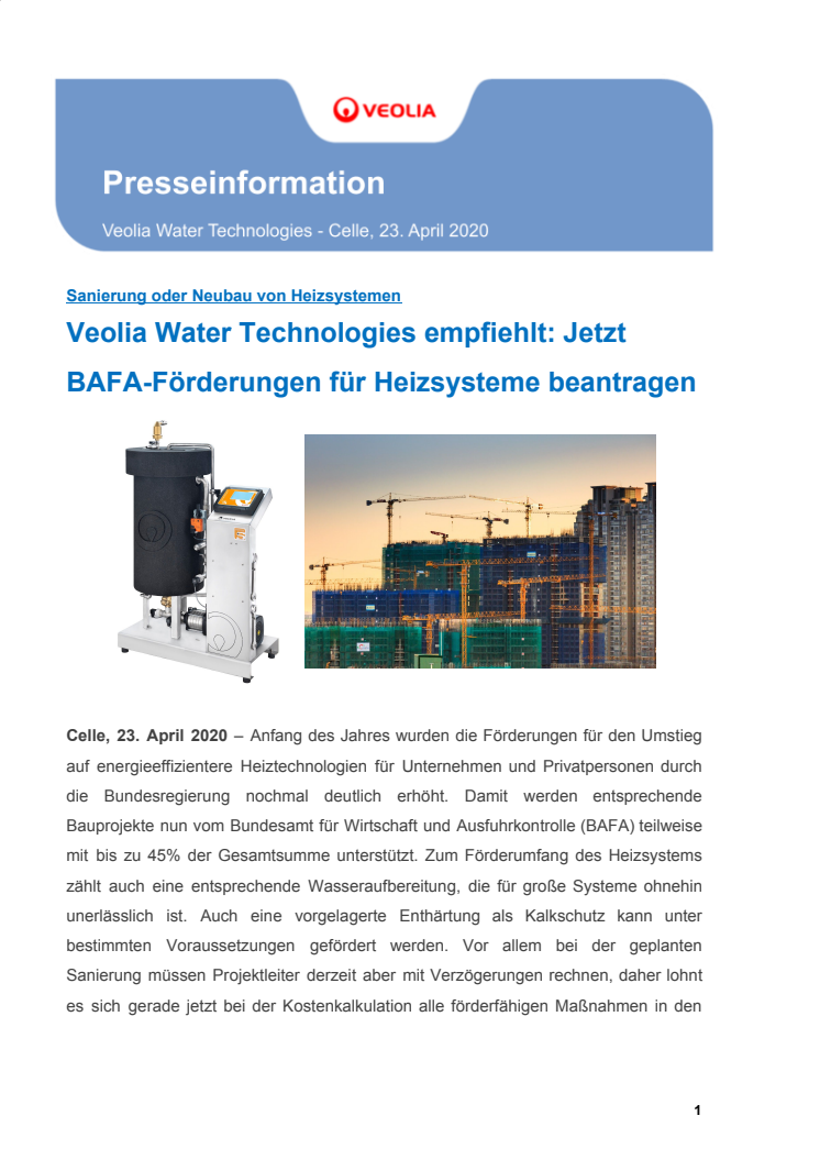 Veolia Water Technologies empfiehlt: Jetzt BAFA-Förderungen für Heizsysteme beantragen