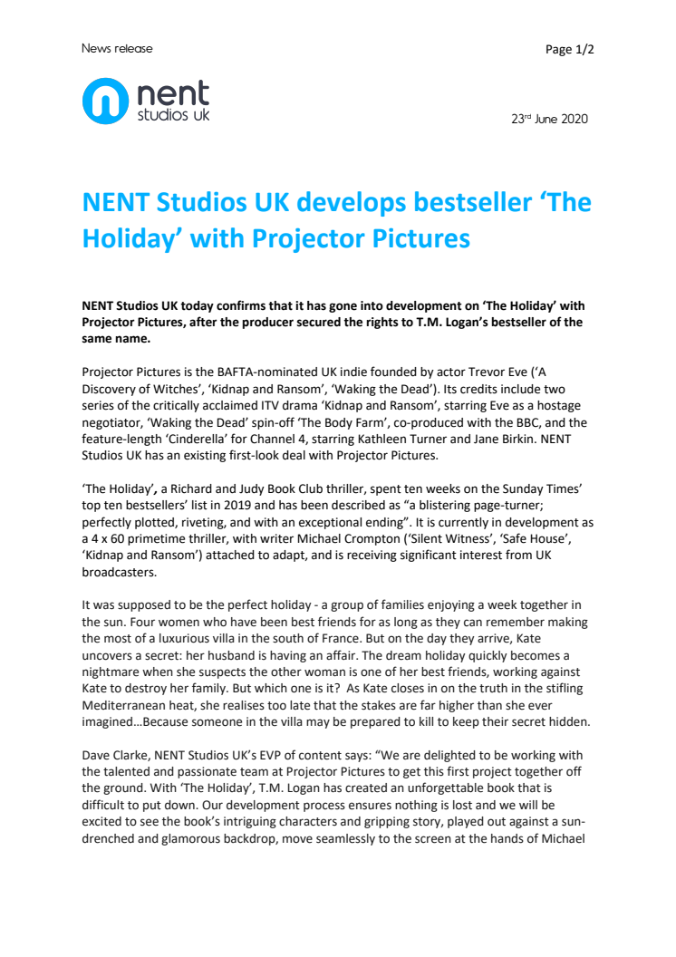 NENT Studios UK develops bestseller ‘The Holiday’ with Projector Pictures