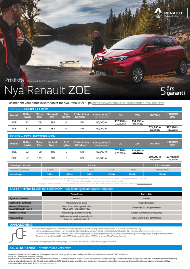 Renault ZOE prislista juni 2020