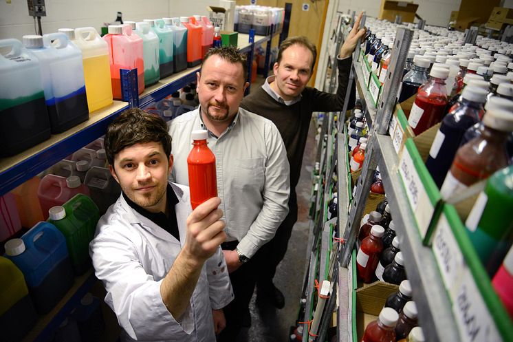 L-R: Multichem product development manager Dr Tom Winstanley, Multichem managing director Michael Nelson and Professor Justin Perry of Northumbria University.