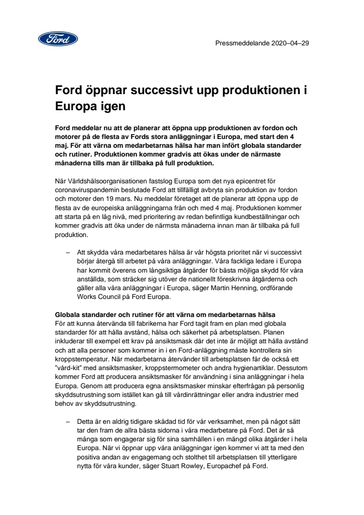 Ford öppnar successivt upp produktionen i Europa igen 