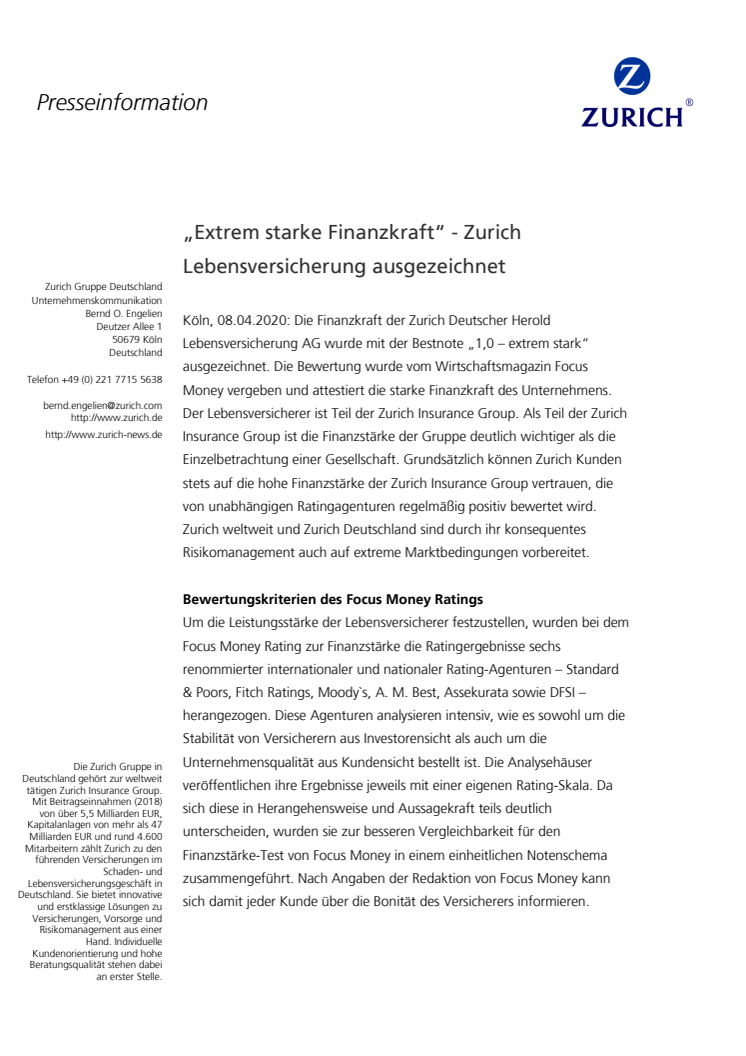 „Extrem starke Finanzkraft“ - Zurich Lebensversicherung ausgezeichnet