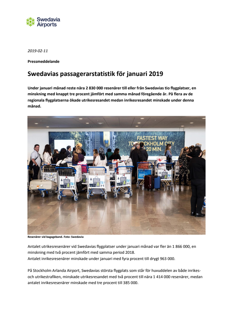 Swedavias passagerarstatistik för januari 2019