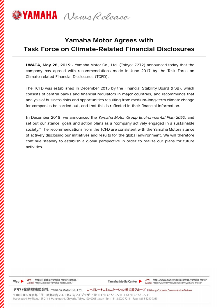 Yamaha Motor Agrees with Task Force on Climate-Related Financial Disclosures